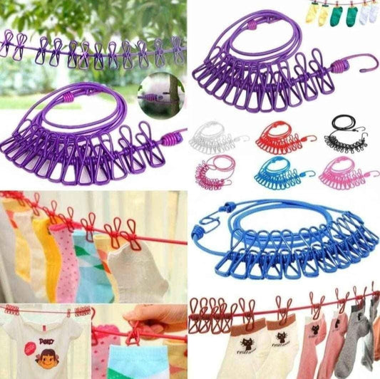 Portable Drying Rope with 12 Clips and 2 Hooks, Travel Clothesline Rope Clothes Hanging Hook, Outdoor Indoor Wind-Proof Clothesline